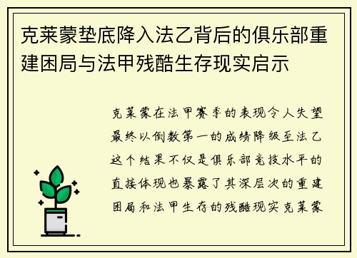 克莱蒙垫底降入法乙背后的俱乐部重建困局与法甲残酷生存现实启示