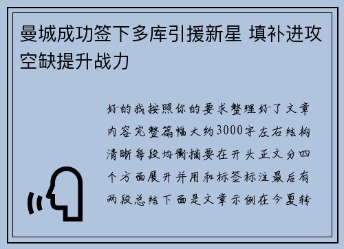 曼城成功签下多库引援新星 填补进攻空缺提升战力